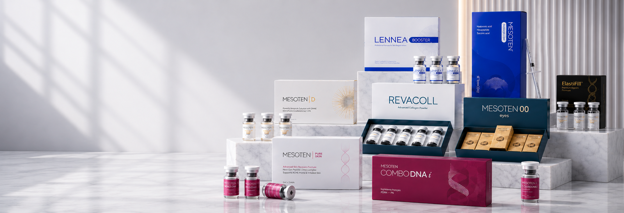 Luxury aesthetic pharmacy banner featuring AKRADEX skincare and mesotherapy products displayed on elegant white marble podiums. LENNEA Booster, MESOTEN, REVACOLL, MESOTEN Eyes, MESOTEN Pure Skin, ElastiFill, and Combo DNA products are professionally arranged on the right side against a clean, modern clinic-inspired background with soft natural lighting and empty space on the left for website text and call-to-action content.