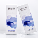 iLLUMA Hydro Booster skin booster product boxes with water droplets on a clean white luxury background