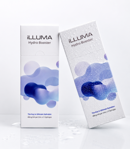 iLLUMA Hydro Booster skin booster product boxes with water droplets on a clean white luxury background
