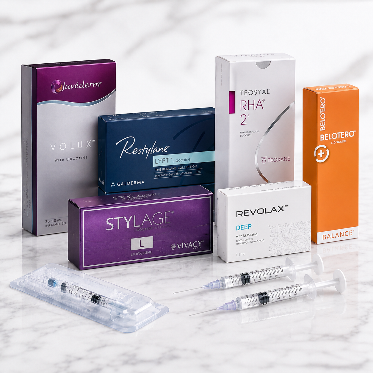 Dermal fillers category thumbnail showing Juvederm, Restylane, Teosyal, Belotero and Revolax aesthetic filler products on a marble table