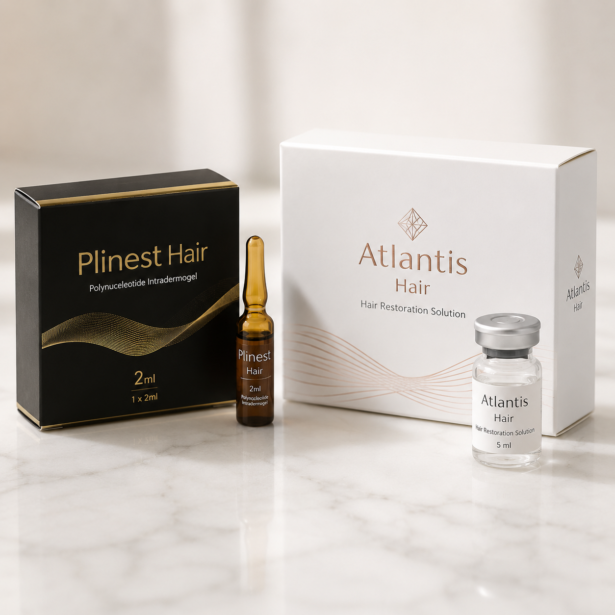Hair restoration category thumbnail showing Plinest Hair and Atlantis Hair aesthetic products on a marble table