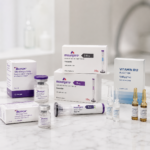 POM products category thumbnail showing Botox, Mounjaro and vitamin injection products on a marble table