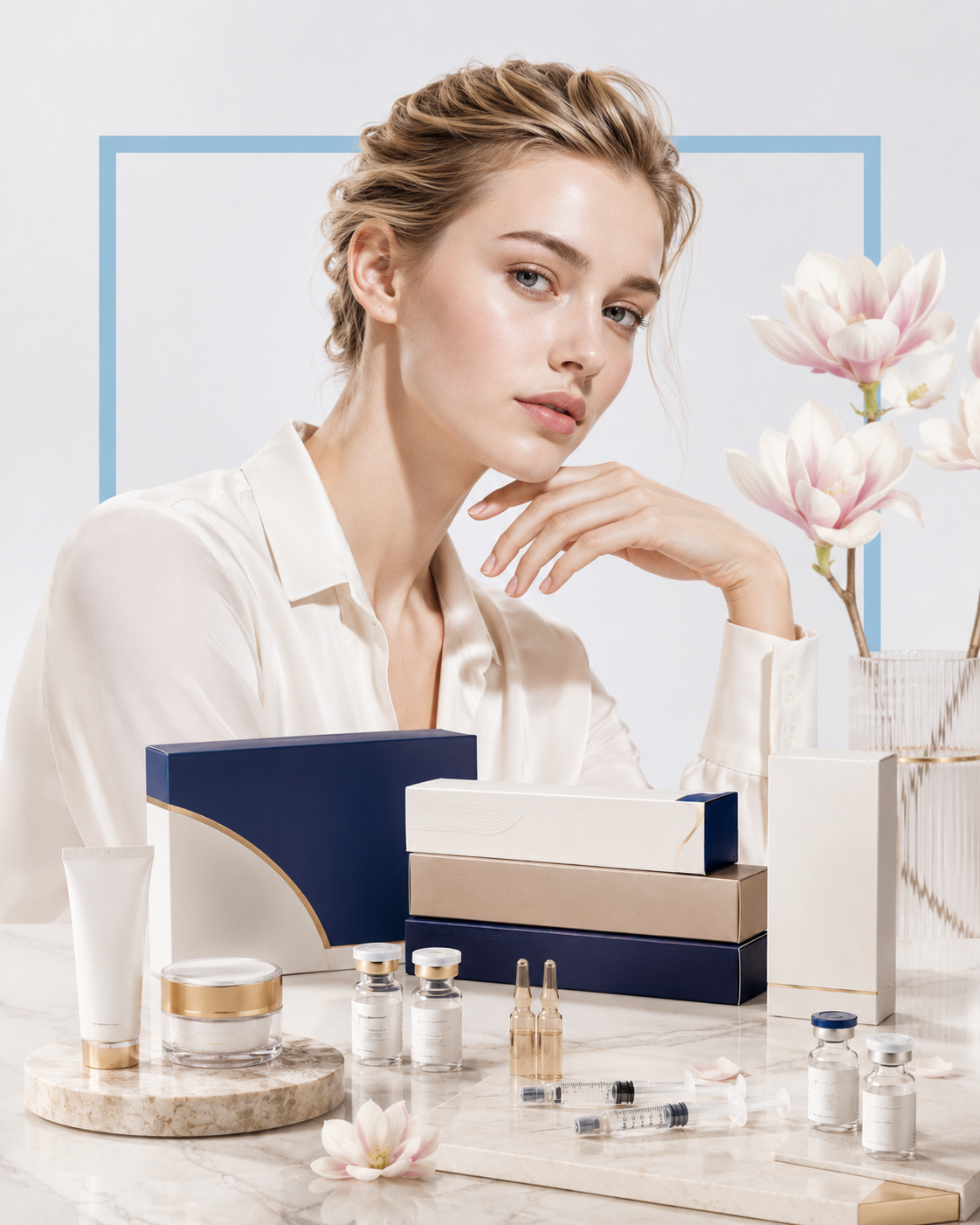 Clinic-grade aesthetic products and injectable skincare vials displayed in a luxury Olune Pharmacy style setting