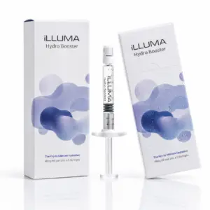 iLLUMA Hydro Booster 3 x 2ml syringes, cross-linked hyaluronic acid skin booster treatment for deep hydration and skin rejuvenation, available from Olune Pharmacy.