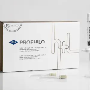 Profhilo H+L 2ml injectable skin remodelling treatment by IBSA with prefilled hyaluronic acid syringe and sterile needles displayed in a professional clinical product photography setting.