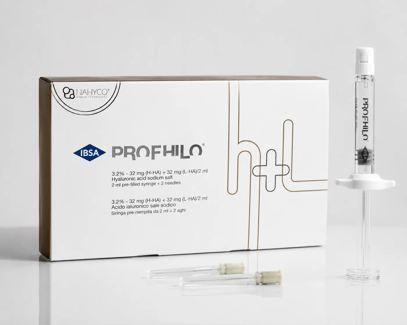 Profhilo H+L 2ml injectable skin remodelling treatment by IBSA with prefilled hyaluronic acid syringe and sterile needles displayed in a professional clinical product photography setting.