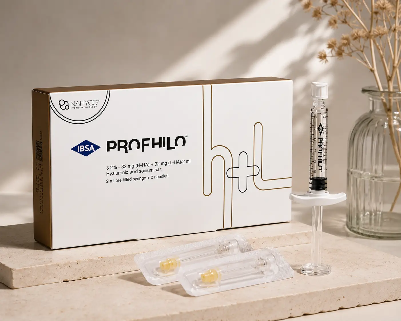 IBSA Profhilo H+L skin booster featuring a 2ml prefilled syringe, NAHYCO hybrid technology packaging, and sterile needles for advanced skin hydration and skin remodelling treatments.